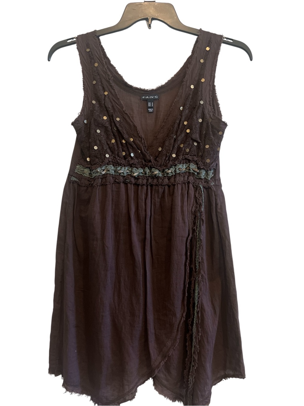 FANG Brown Sleeveless, Empire Waist Embellished V-Neck Tunic Top